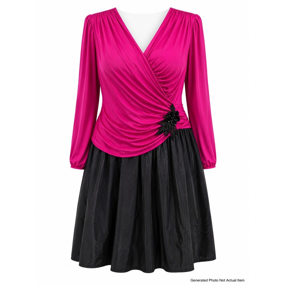Vintage 80s Party Cocktail Dress Fuchsia Black Ruched Puff Sleeve Dress 16.5